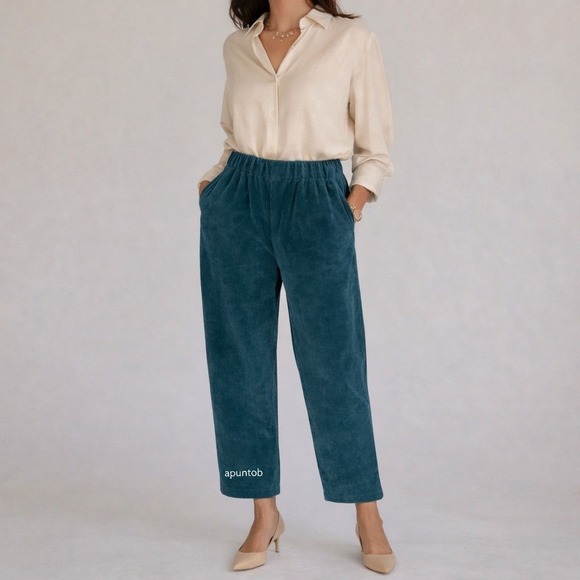 Apuntob a.b Velvet Elastic Waist Trouser Pants Italy Women Medium Peacock Blue 1